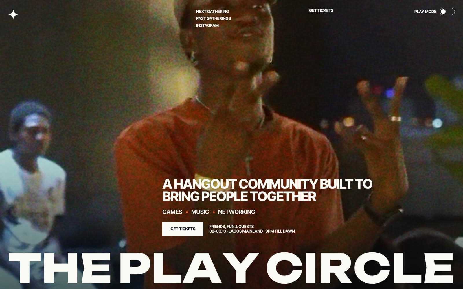 The Play Circle home page: a full-bleed photo of a gathering with the wordmark across the bottom.
